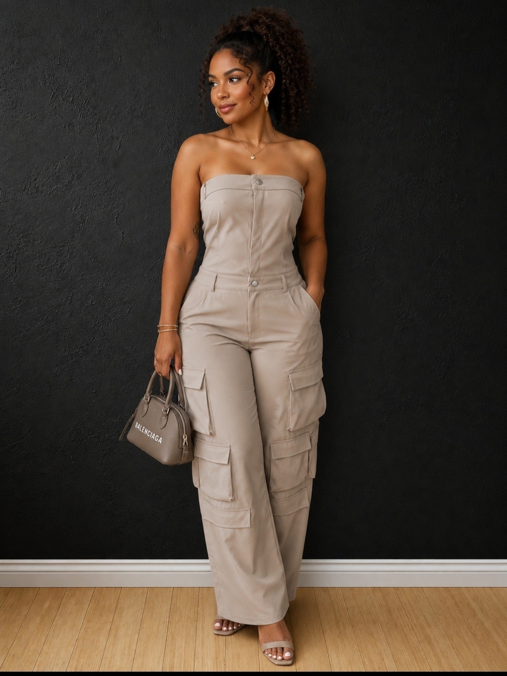 Strapless Cargo Jumpsuit in Light Taupe
